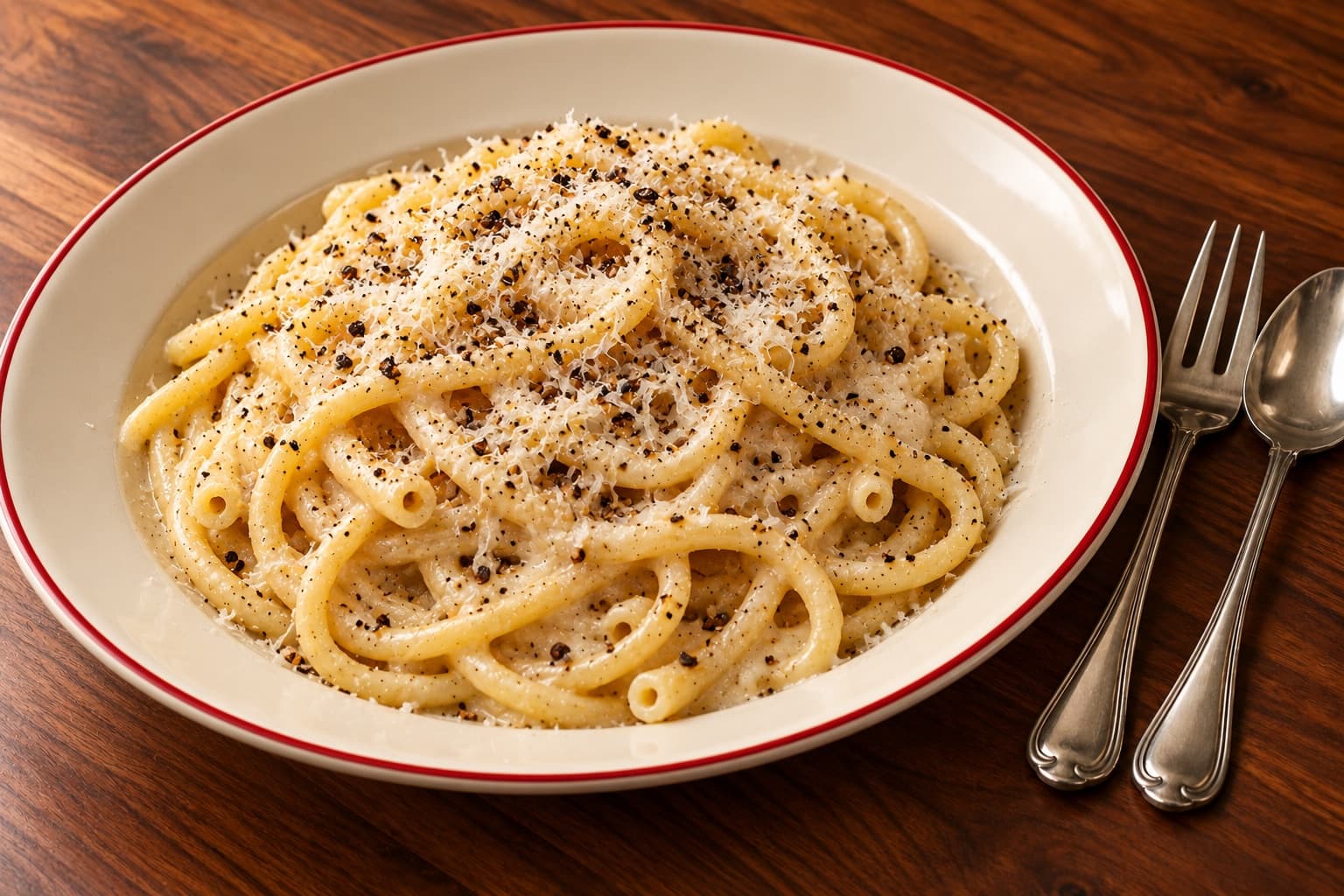 Cacio e pepe — thick noodles in creamy pecorino with cracked black pepper, served in a white bowl on the walnut table