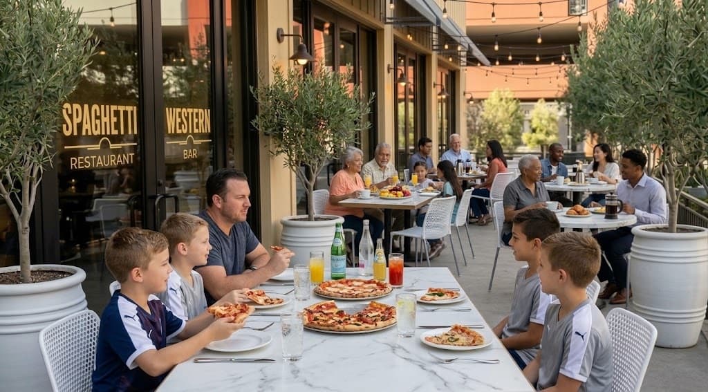 A chef pulls a wood-fired pizza from the flame oven on a long peel