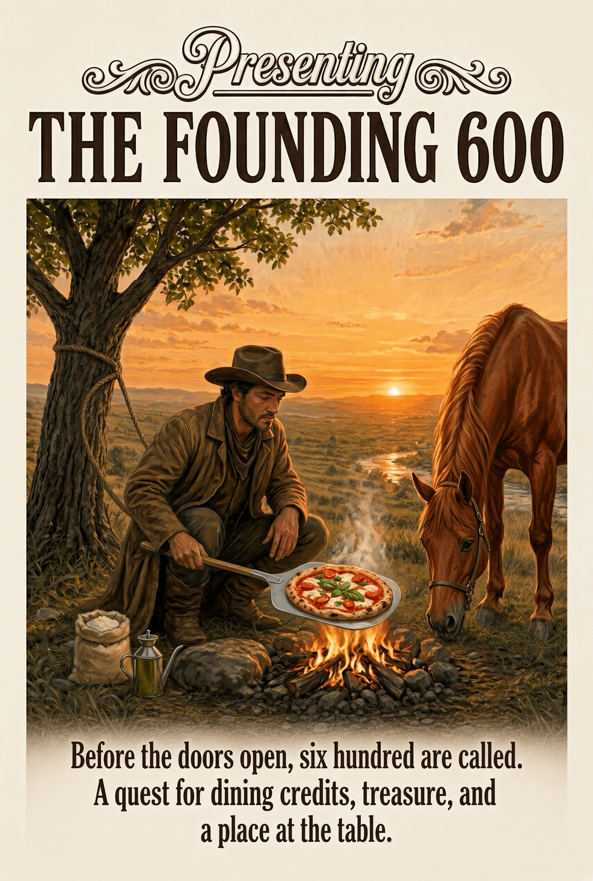 The Founding 600: a cowboy cooks pizza beside his horse at sunset.